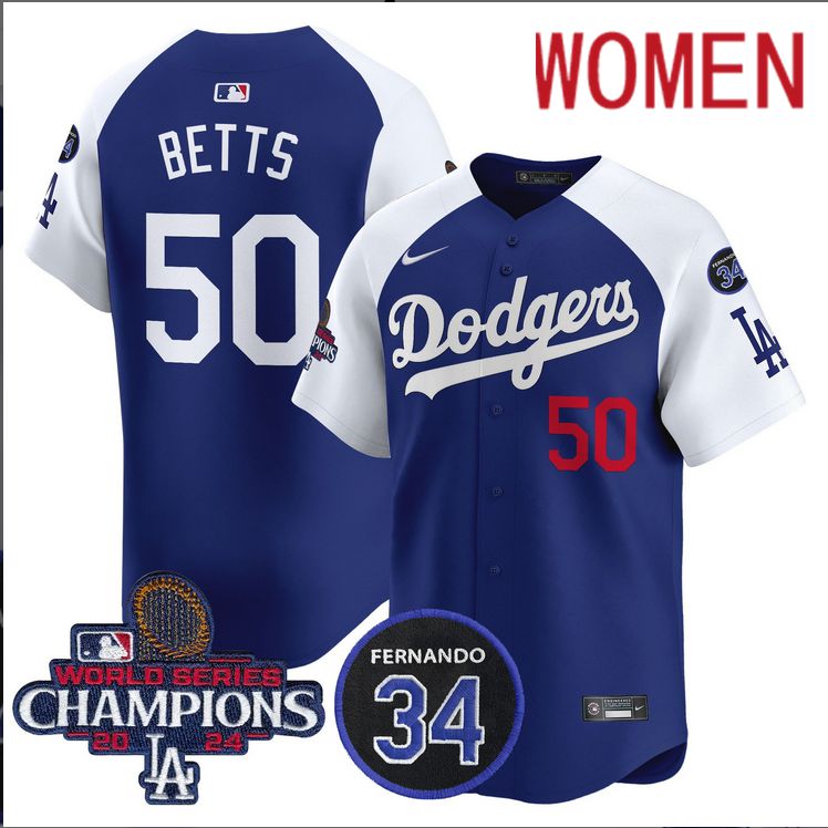 Women MLB Los Angeles Dodgers  #50 Betts blue 2024 World Series Champions Patch Limited Jersey style 3->women mlb jersey->Women Jersey